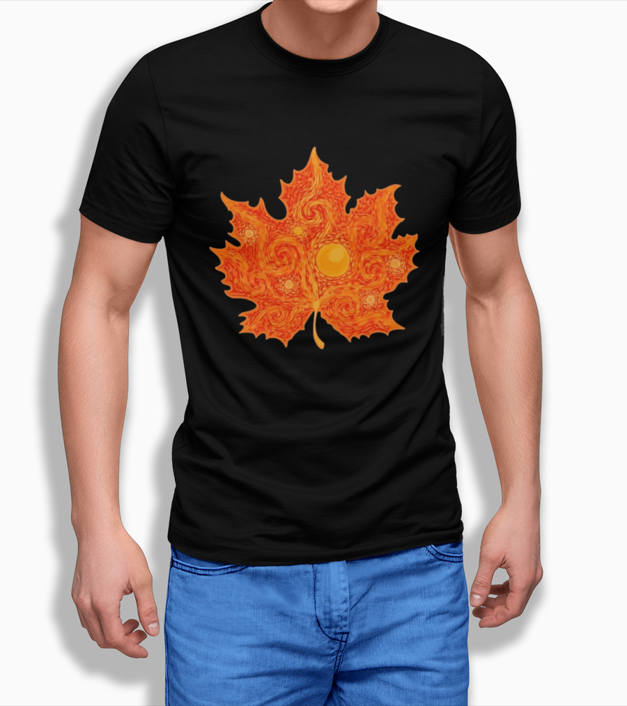 Starry Night Orange Maple Leaf Autumn Swirl T-Shirt