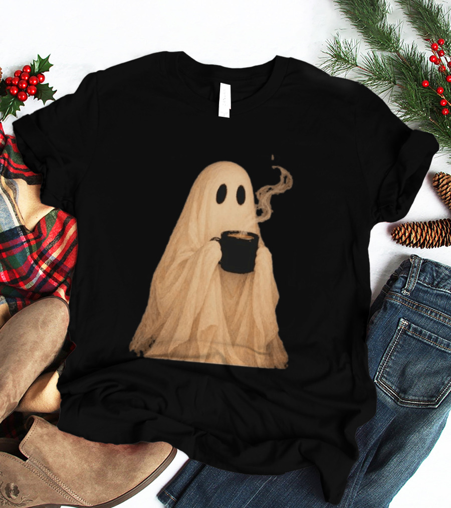 Ghost Spooky Coffee Bar Halloween Cozy Ghost Holding Coffee Steam T-Shirt