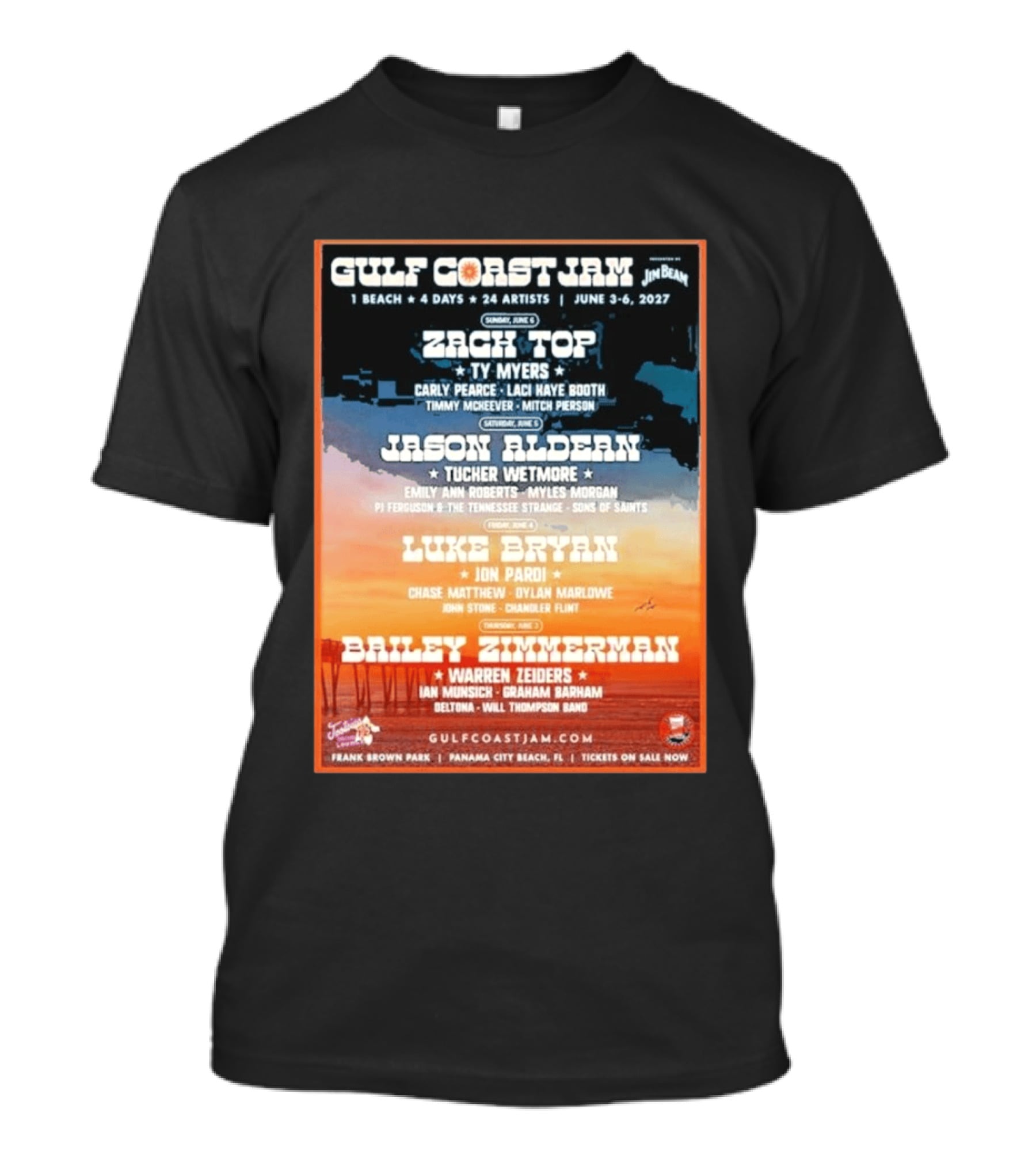 Gulf Coast Jam 2027 Panama City Beach June 3 6 Zach Top Jason Aldean Luke Bryan Bailey Zimmerman T-Shirt