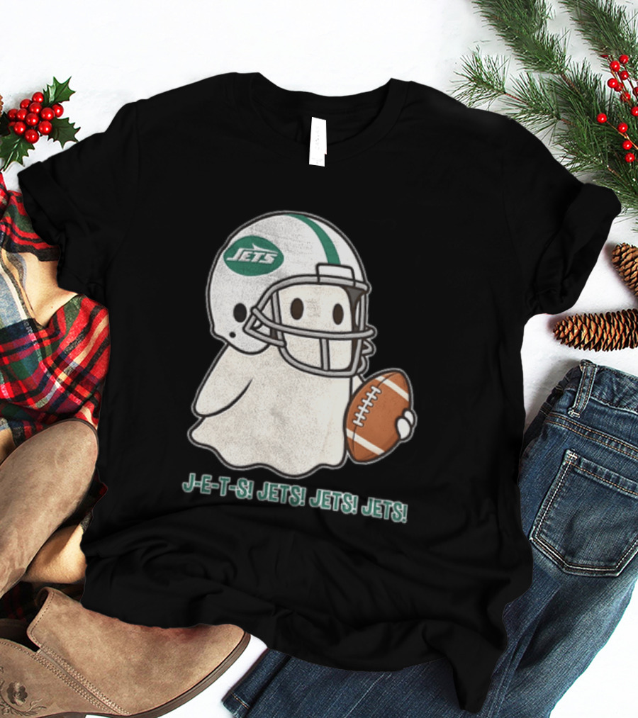 J E S Jets Jets Jets New York Jets Football Helmet Ghost Holding Football T-Shirt