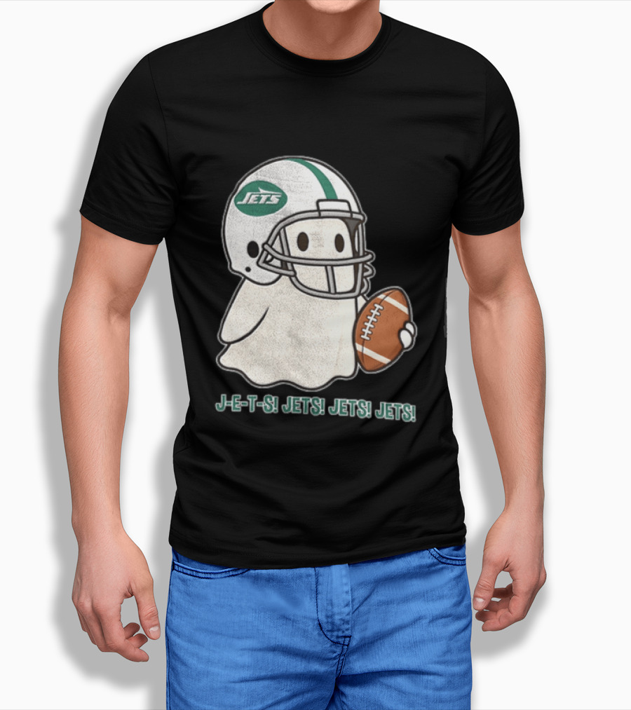 J E S Jets Jets Jets New York Jets Football Helmet Ghost Holding Football T-Shirt