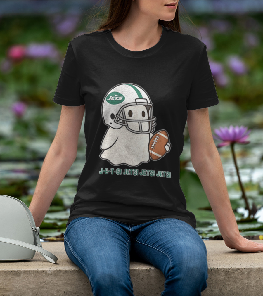 J E S Jets Jets Jets New York Jets Football Helmet Ghost Holding Football T-Shirt