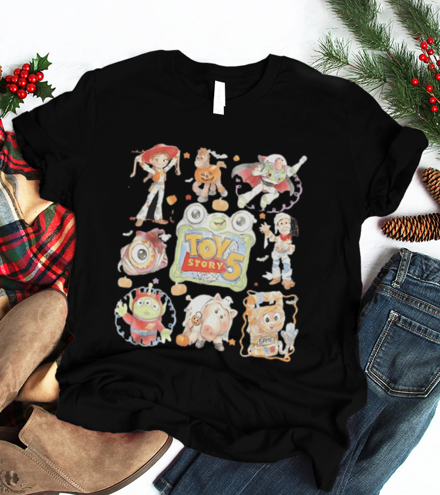 Toy Story 5 Halloween 2026 Buzz Woody Jessie Hamm Alien Potato Rex Bo Peep Slinky Decorations T-Shirt
