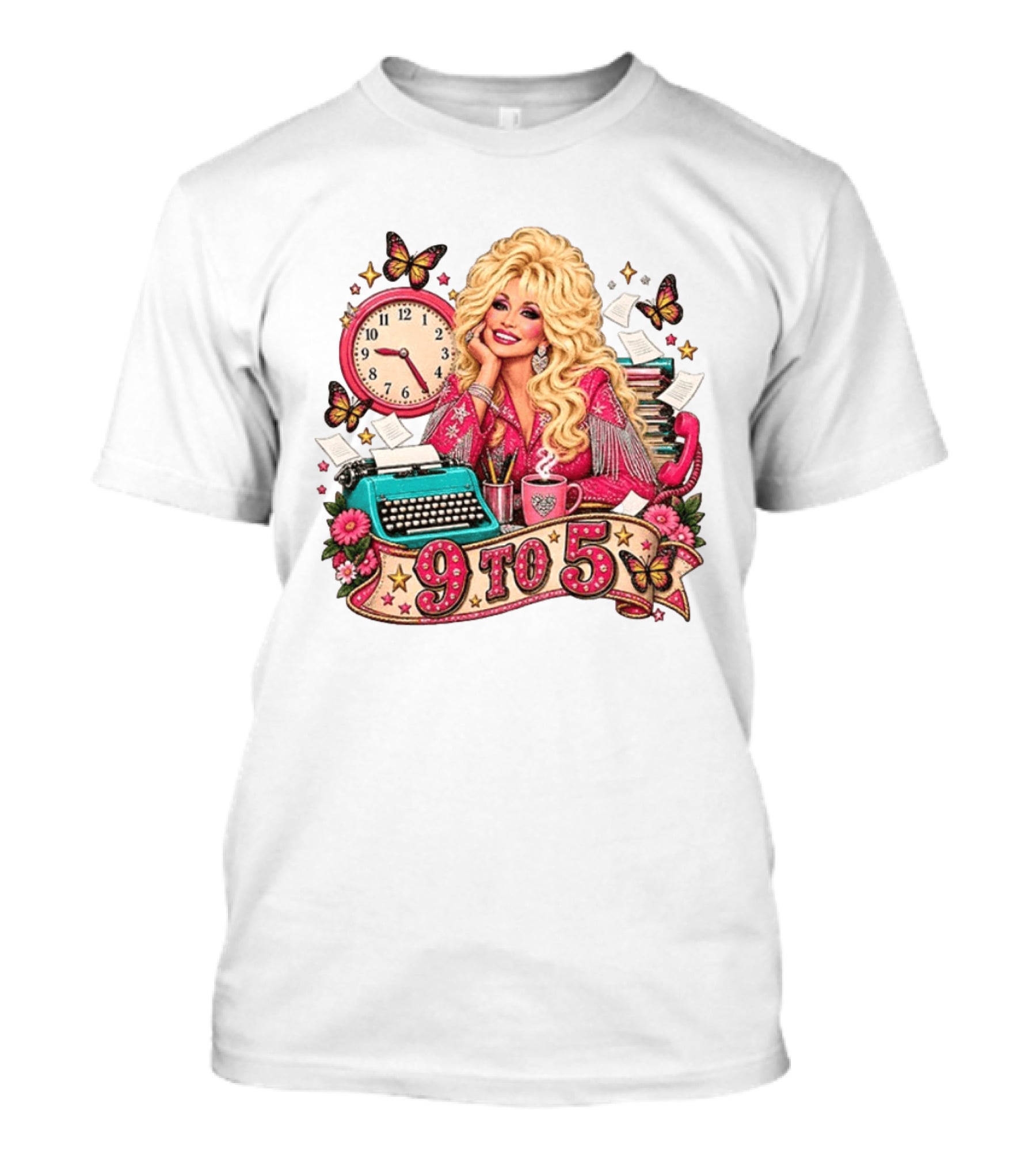 9 To 5 Dolly Parton Music Western Cowgirl Icon With Butterflies And Typewriter T-Shirt