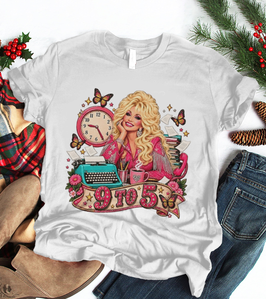 9 To 5 Dolly Parton Music Western Cowgirl Icon With Butterflies And Typewriter T-Shirt