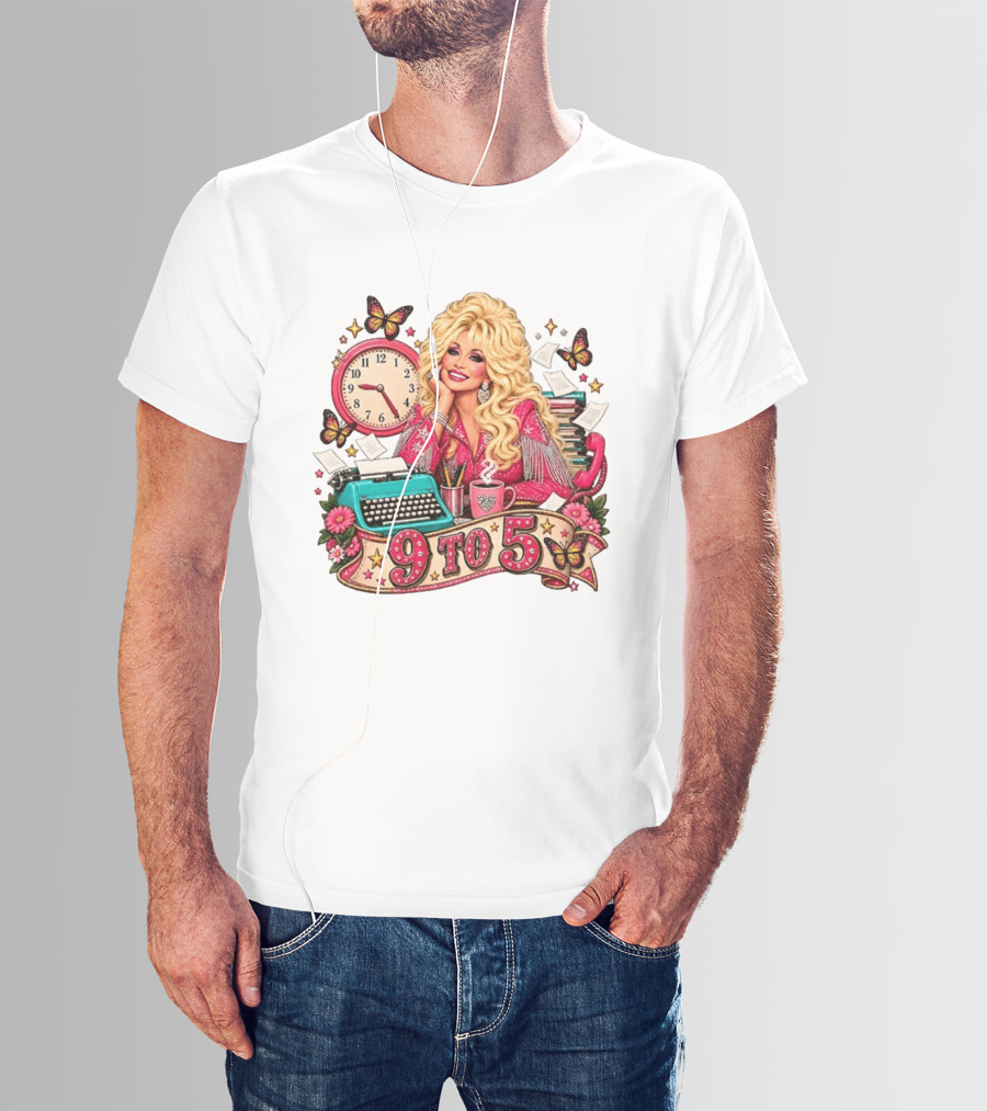 9 To 5 Dolly Parton Music Western Cowgirl Icon With Butterflies And Typewriter T-Shirt
