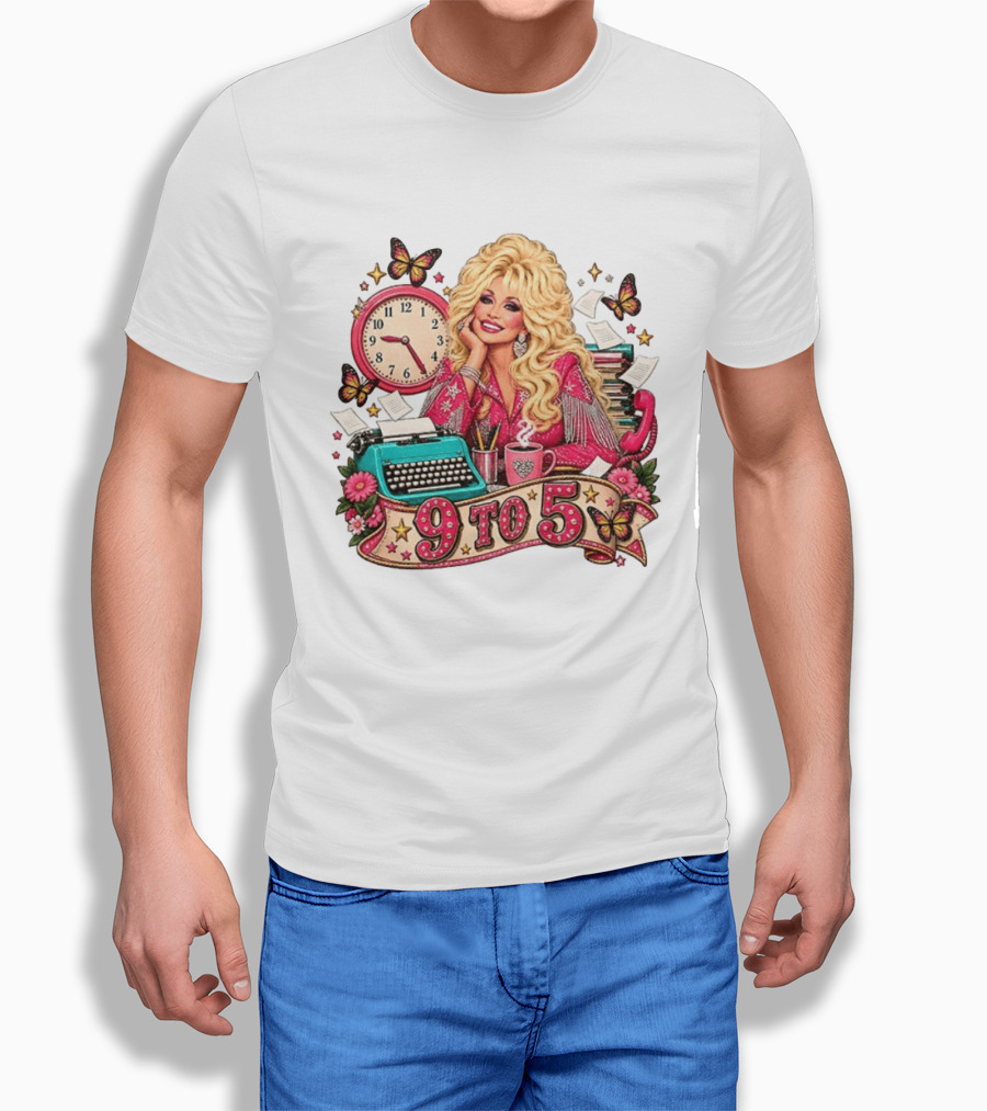 9 To 5 Dolly Parton Music Western Cowgirl Icon With Butterflies And Typewriter T-Shirt