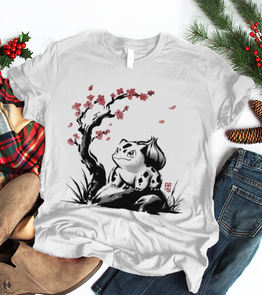 Bulbasaur Sumi E Ink Wash Painting With Cherry Blossom Pokemon T-Shirt