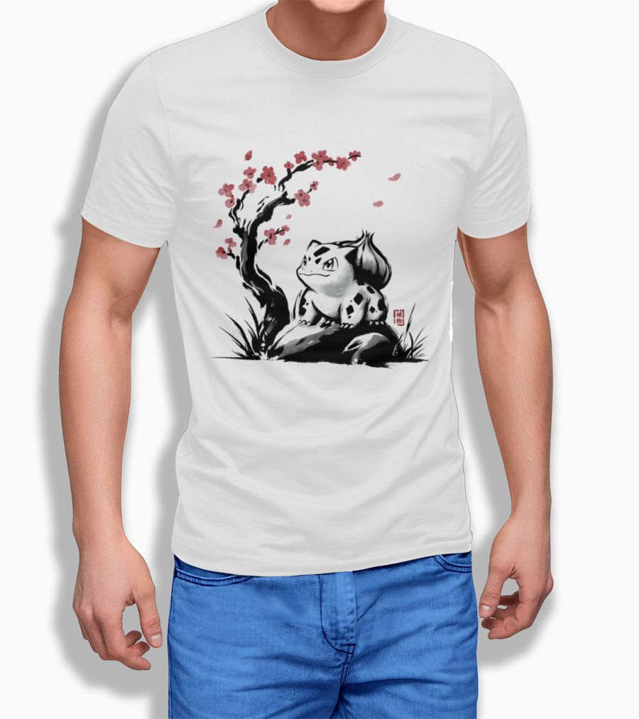 Bulbasaur Sumi E Ink Wash Painting With Cherry Blossom Pokemon T-Shirt