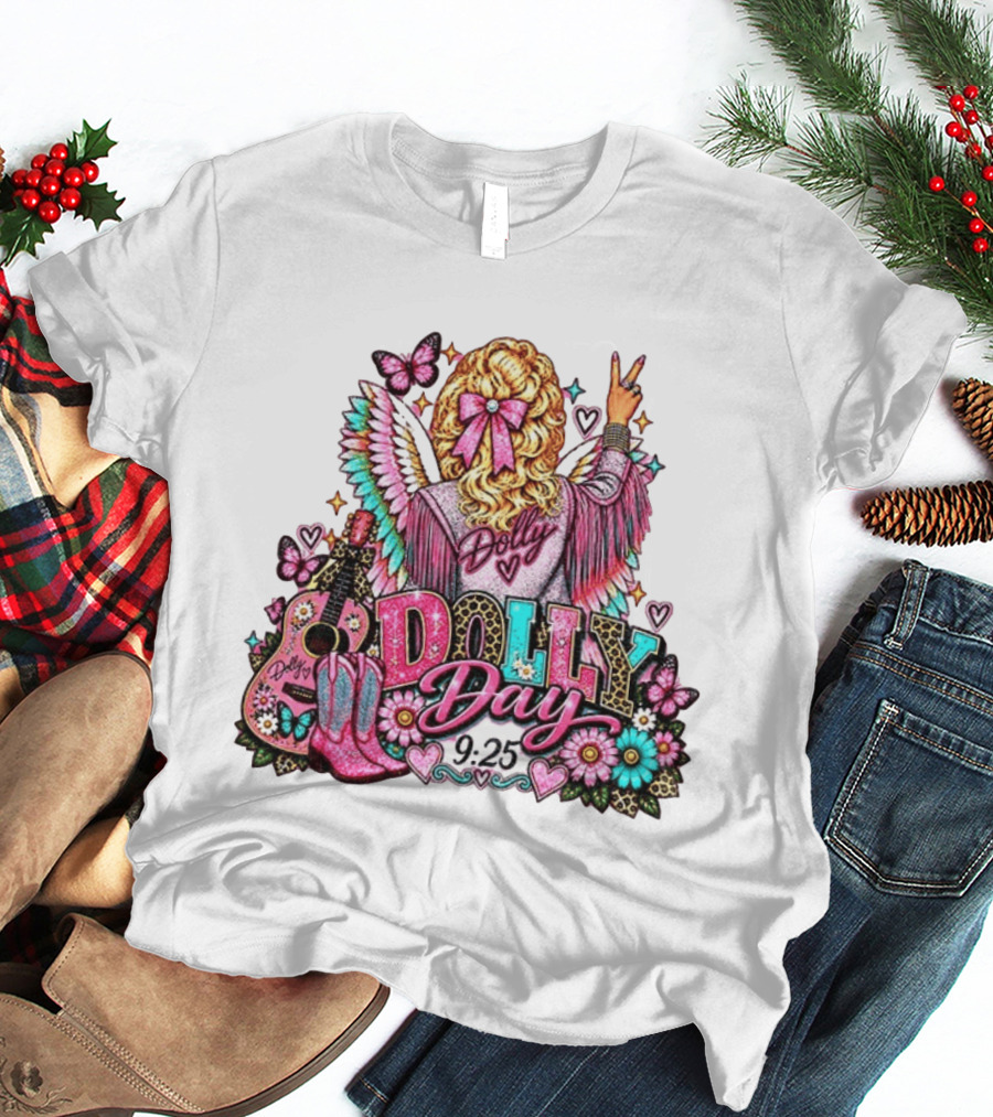 Dolly Day 9.25 Pink Cowgirl Boots Guitar Western Butterflies Hearts T-Shirt