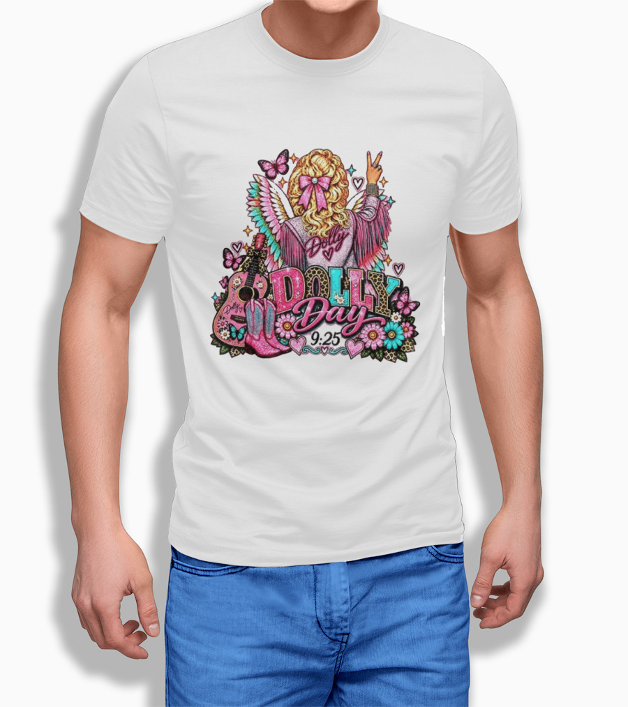 Dolly Day 9.25 Pink Cowgirl Boots Guitar Western Butterflies Hearts T-Shirt