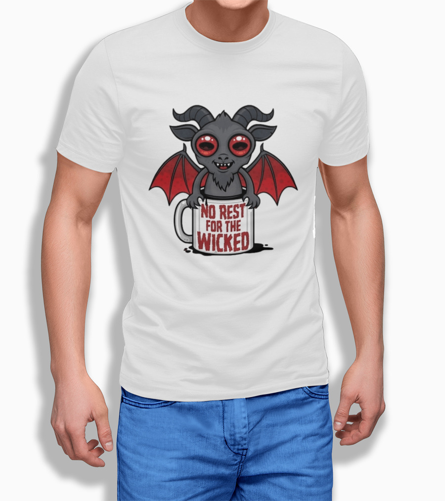 No Rest For The Wicked Little Demon Coffee Red Eyed Bat Wings T-Shirt