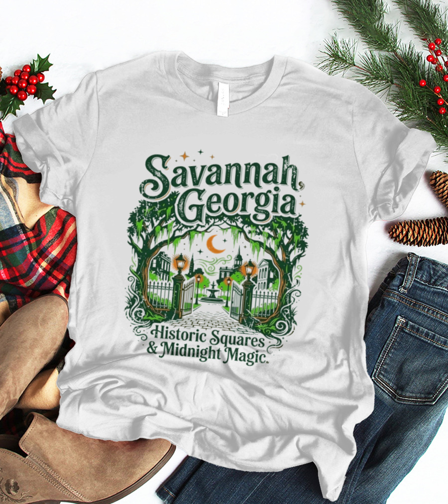 Savannah Georgia Historic Squares Midnight Magic Crescent Moon And Lanterns T-Shirt