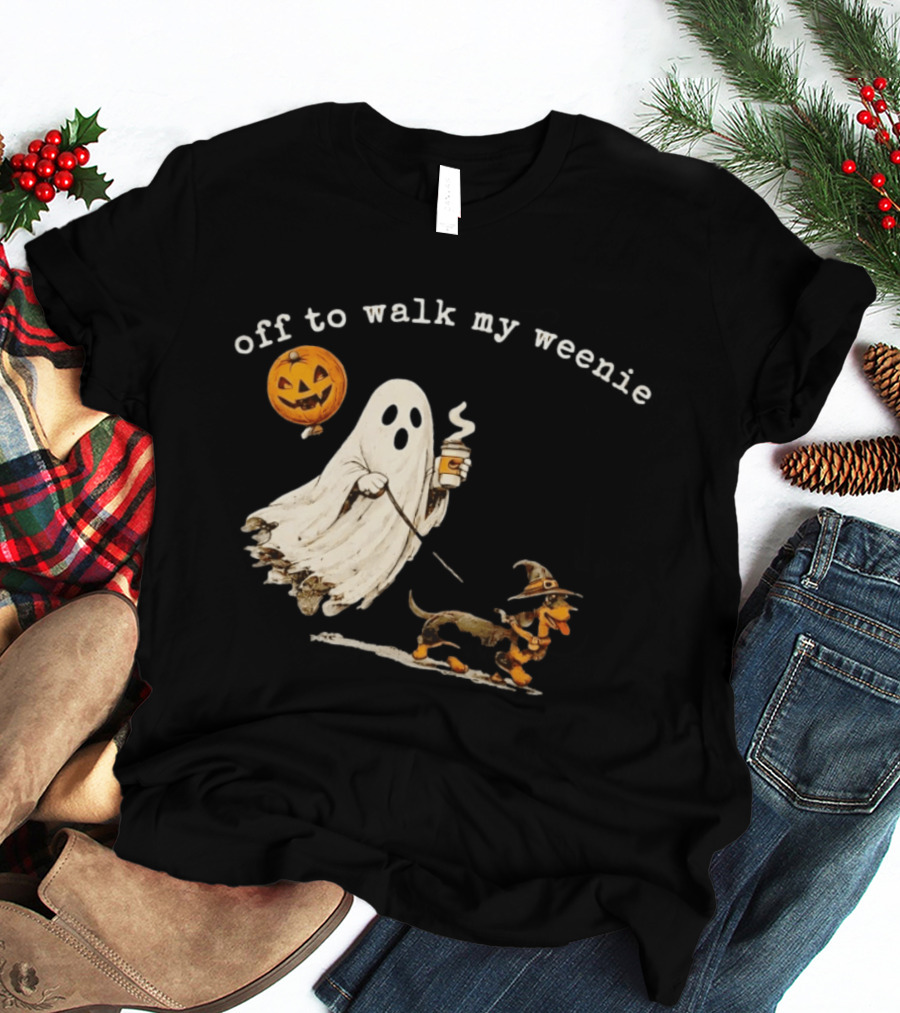 Ghost Walking With Pumpkin Balloon And Dachshund Halloween Fun T-Shirt
