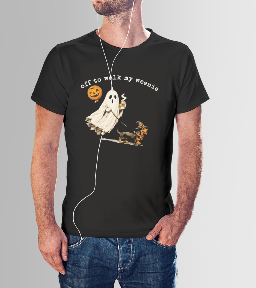 Ghost Walking With Pumpkin Balloon And Dachshund Halloween Fun T-Shirt