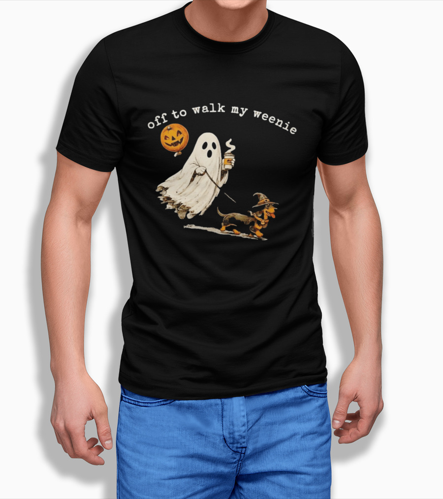 Ghost Walking With Pumpkin Balloon And Dachshund Halloween Fun T-Shirt