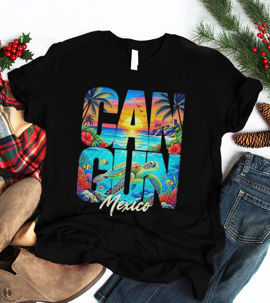 Cancun Mexico Tropical Sea Turtle Sunset Palm Trees Ocean Scene T-Shirt