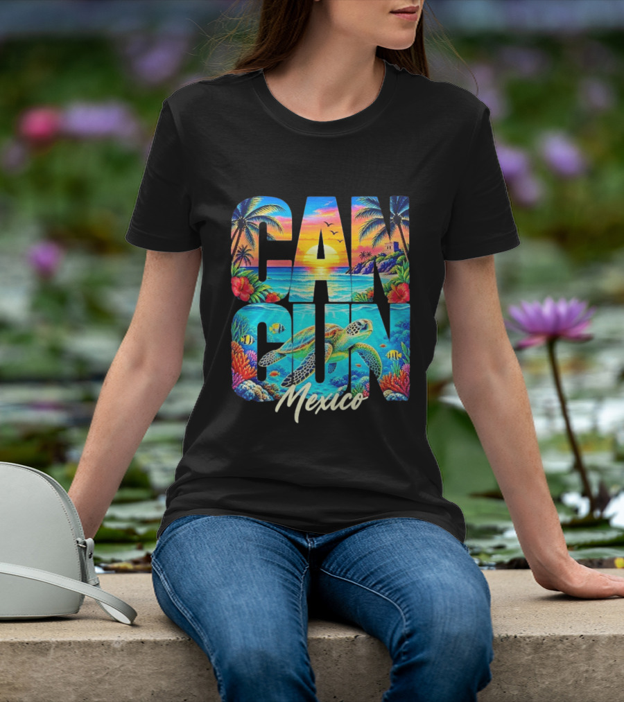 Cancun Mexico Tropical Sea Turtle Sunset Palm Trees Ocean Scene T-Shirt
