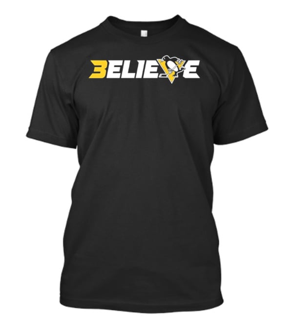 Pittsburgh Penguins Believe NHL Hockey Logo Triangular Yellow Black White Silhouette Iconic Team T-Shirt