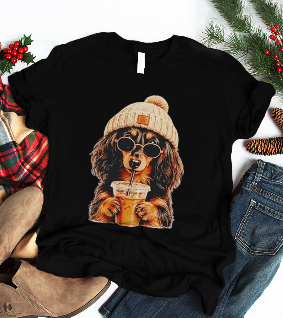Dachshund Beanie Sunglasses Iced Coffee Trendy Dog Fashion T-Shirt