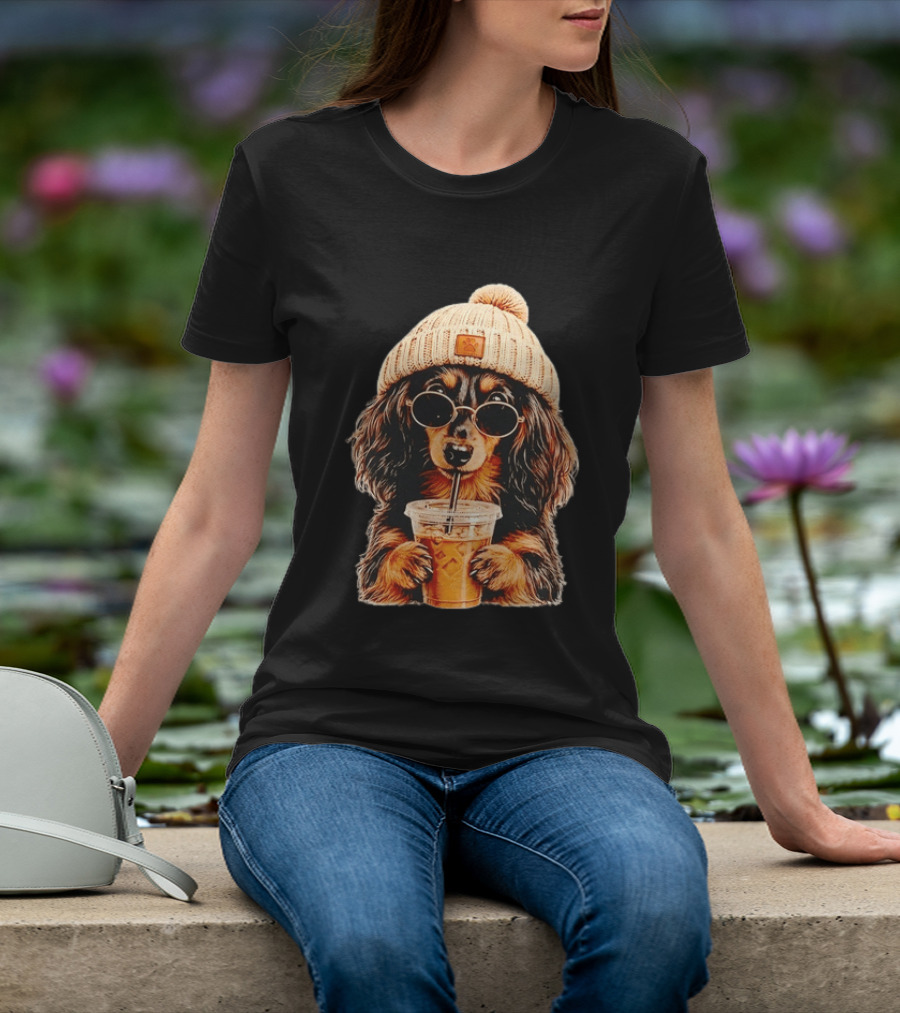 Dachshund Beanie Sunglasses Iced Coffee Trendy Dog Fashion T-Shirt