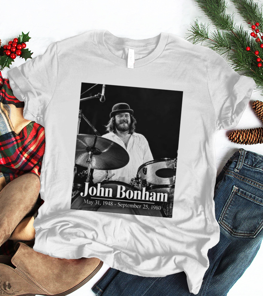John Bonham May 31 1948 September 25 1980 Drummer Tribute Black And White Photo T-Shirt