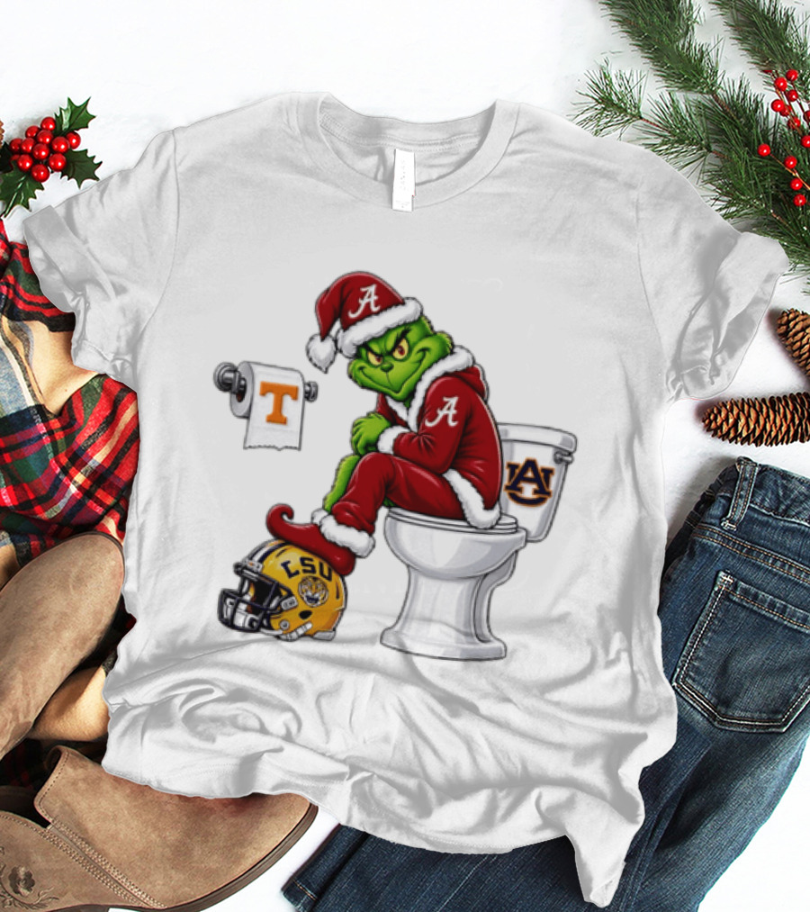 Alabama Crimson Tide Santa Grinch Sitting Auburn Toilet LSU Helmet Christmas T-Shirt