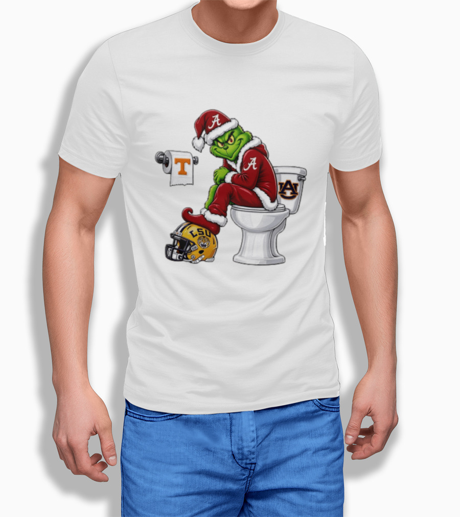 Alabama Crimson Tide Santa Grinch Sitting Auburn Toilet LSU Helmet Christmas T-Shirt