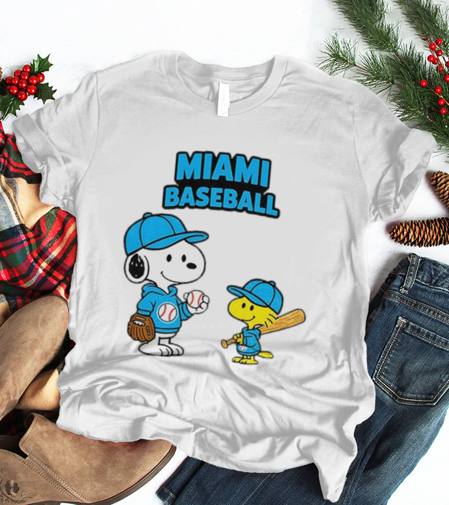 Snoopy Woodstock Miami Baseball Peanuts Cartoon MLB T-Shirt