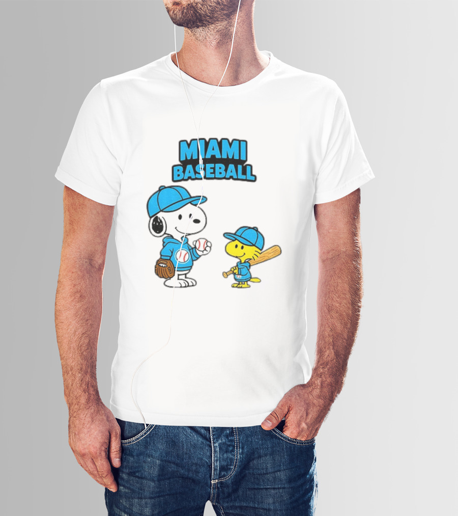 Snoopy Woodstock Miami Baseball Peanuts Cartoon MLB T-Shirt