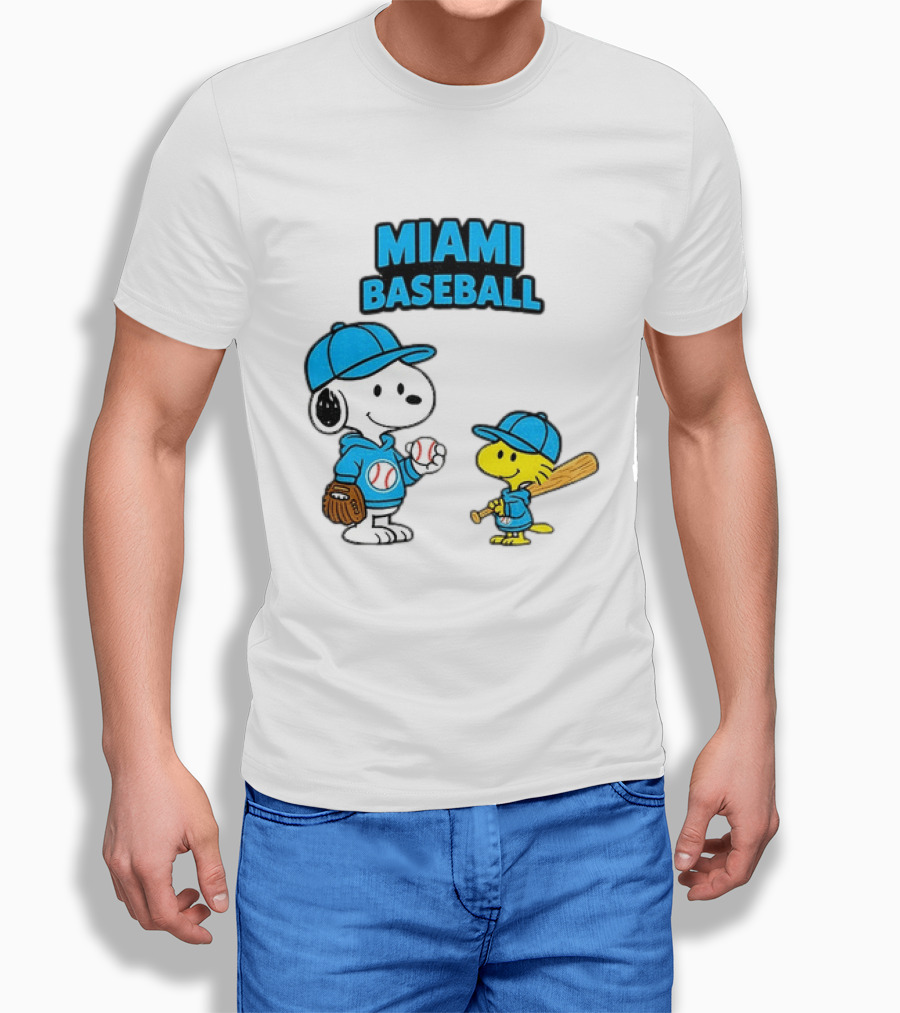 Snoopy Woodstock Miami Baseball Peanuts Cartoon MLB T-Shirt