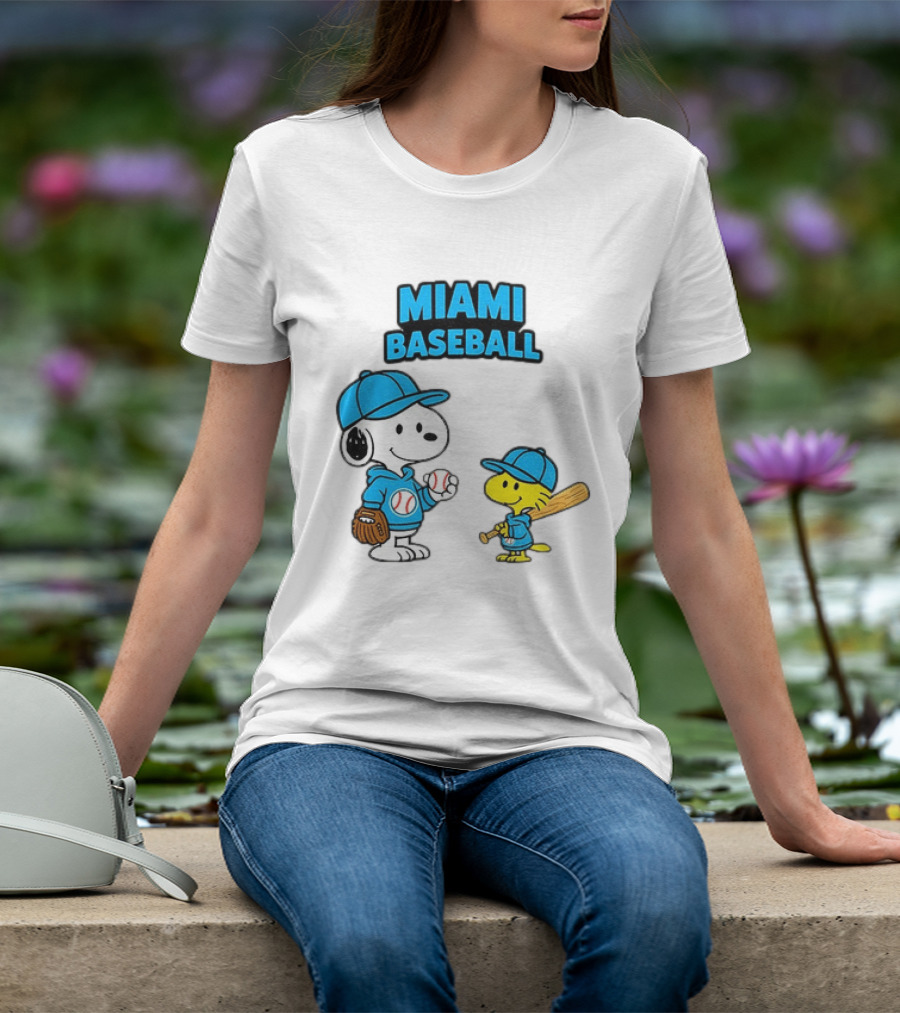 Snoopy Woodstock Miami Baseball Peanuts Cartoon MLB T-Shirt
