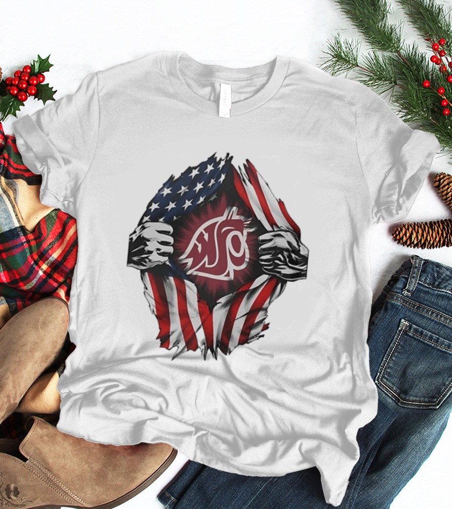 Washington State University Cougars American Flag Ripped Chest T-Shirt