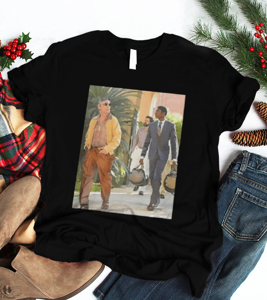 Men In Stylish Outfits Walking Outdoors With Bags T-Shirt
