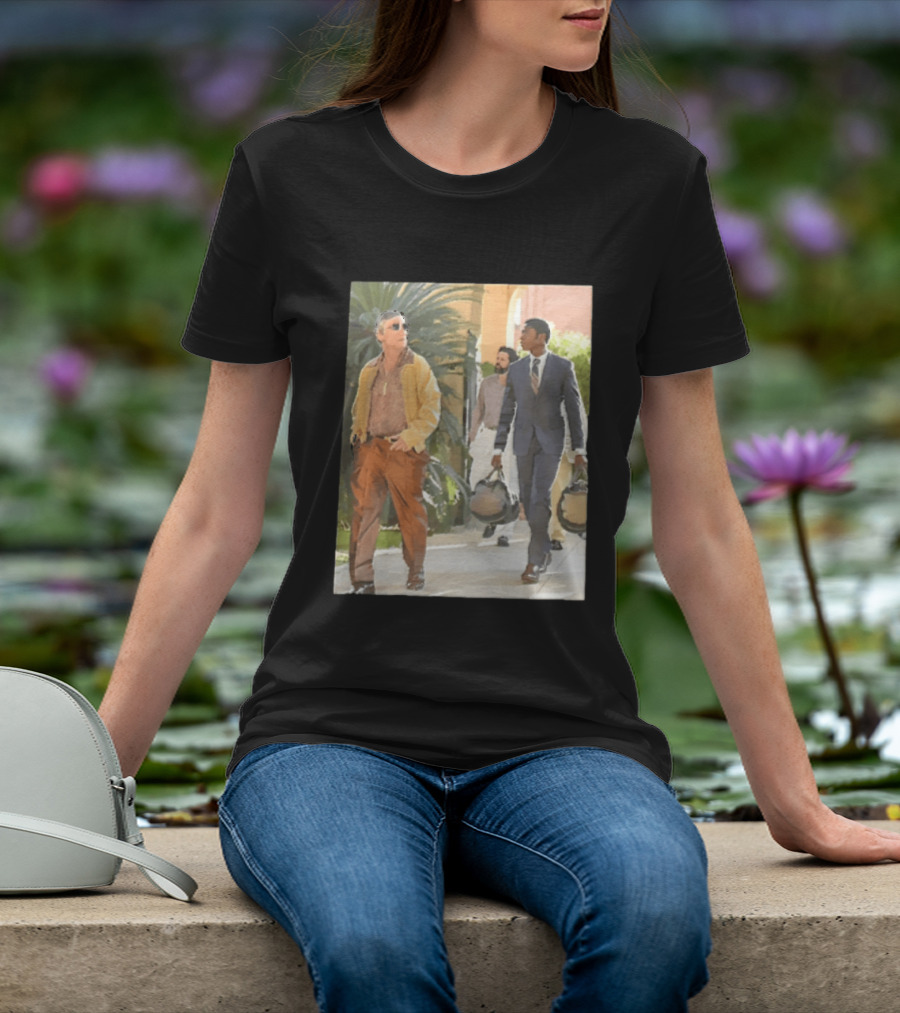 Men In Stylish Outfits Walking Outdoors With Bags T-Shirt