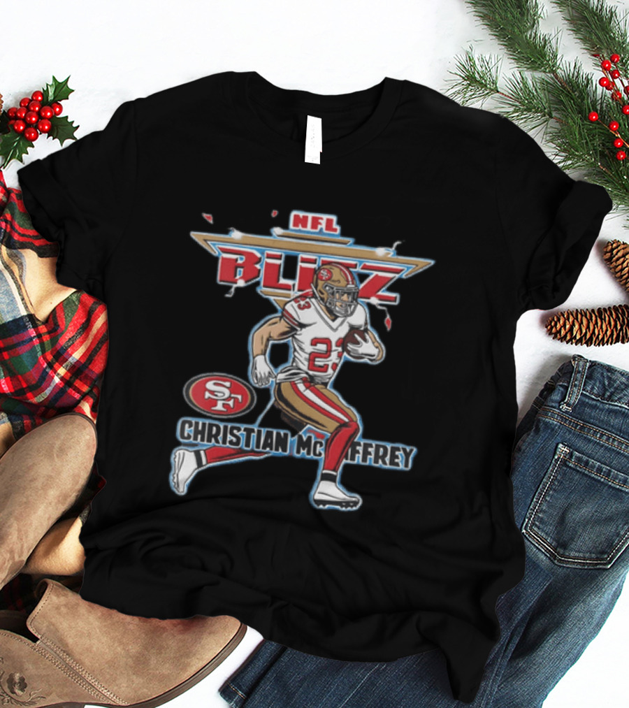 NFL Blitz 23 Christian McCaffrey San Francisco 49ers Football Player Running With Ball T-Shirt