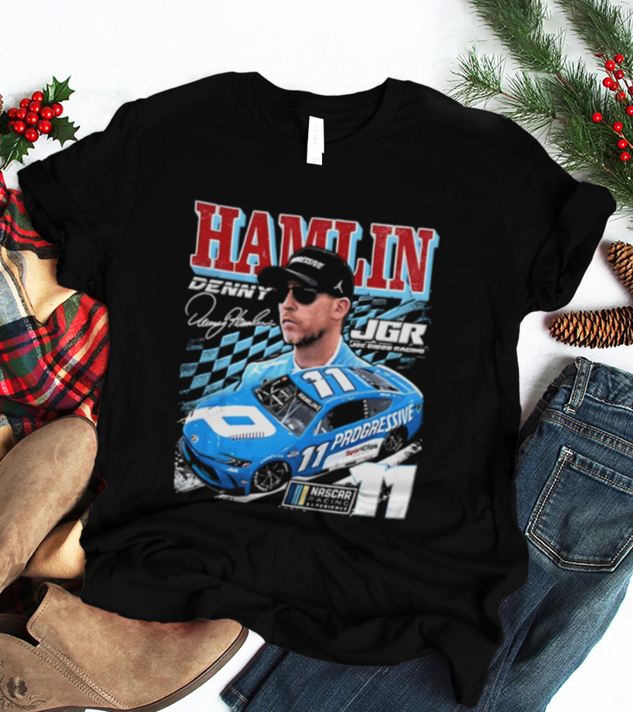 Denny Hamlin Joe Gibbs Racing NASCAR Progressive 11 Racer With Signature And Sunglasses T-Shirt