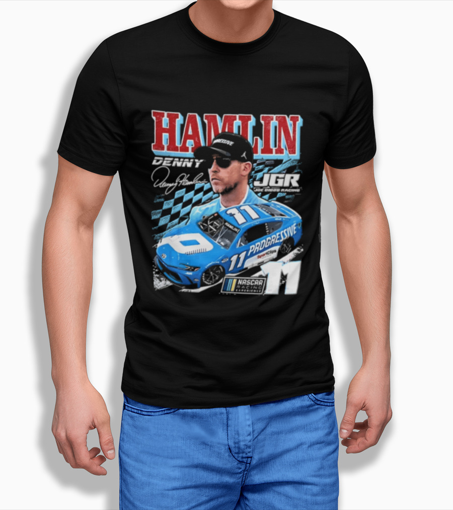 Denny Hamlin Joe Gibbs Racing NASCAR Progressive 11 Racer With Signature And Sunglasses T-Shirt