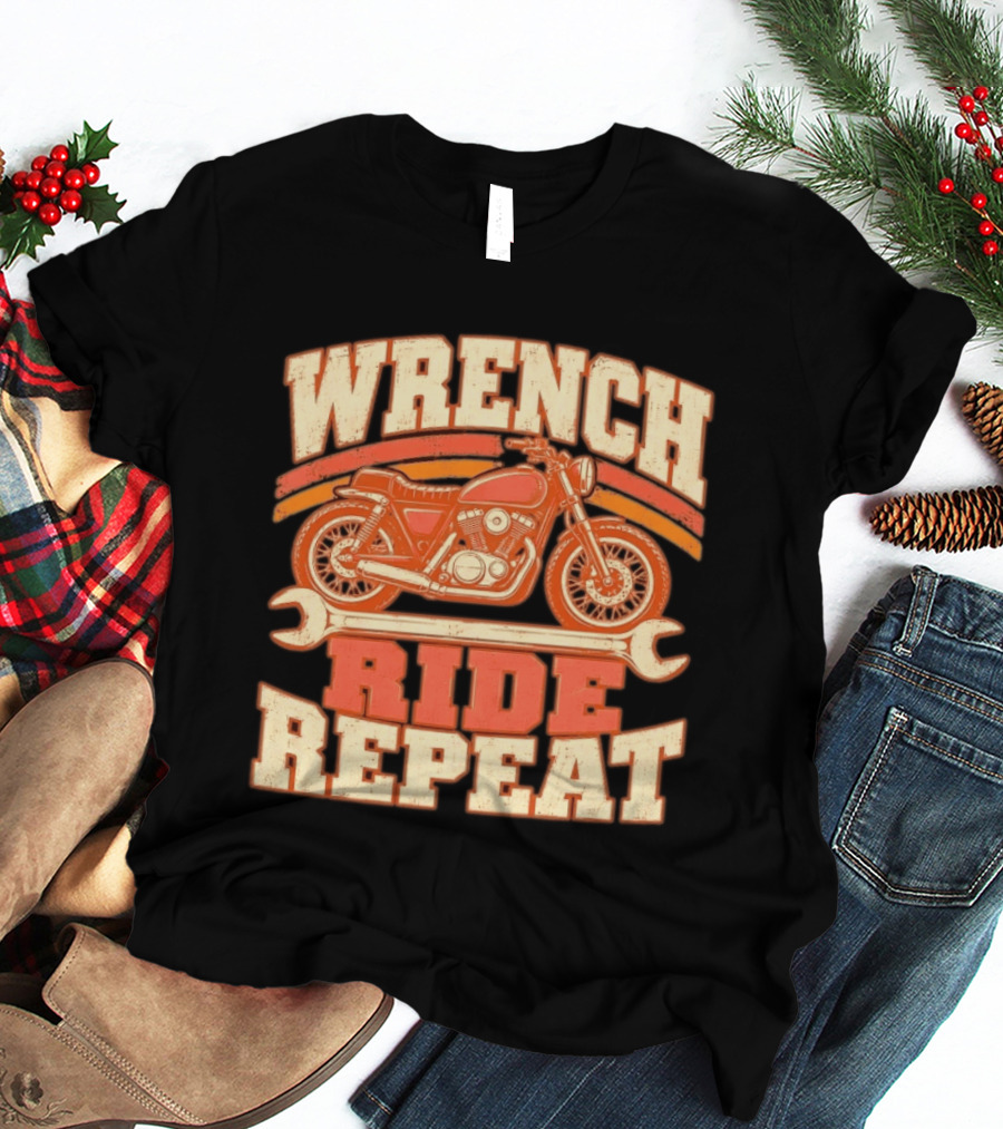 Wrench Ride Repeat Motorcycle Mechanic Distressed T-Shirt