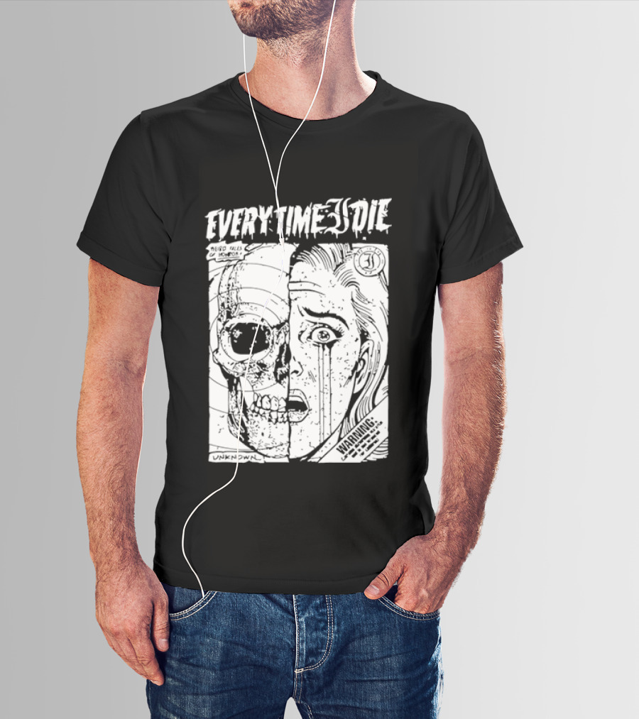 Every Time I Die Weird Tales Horror Warning Skull Face Half Human T-Shirt