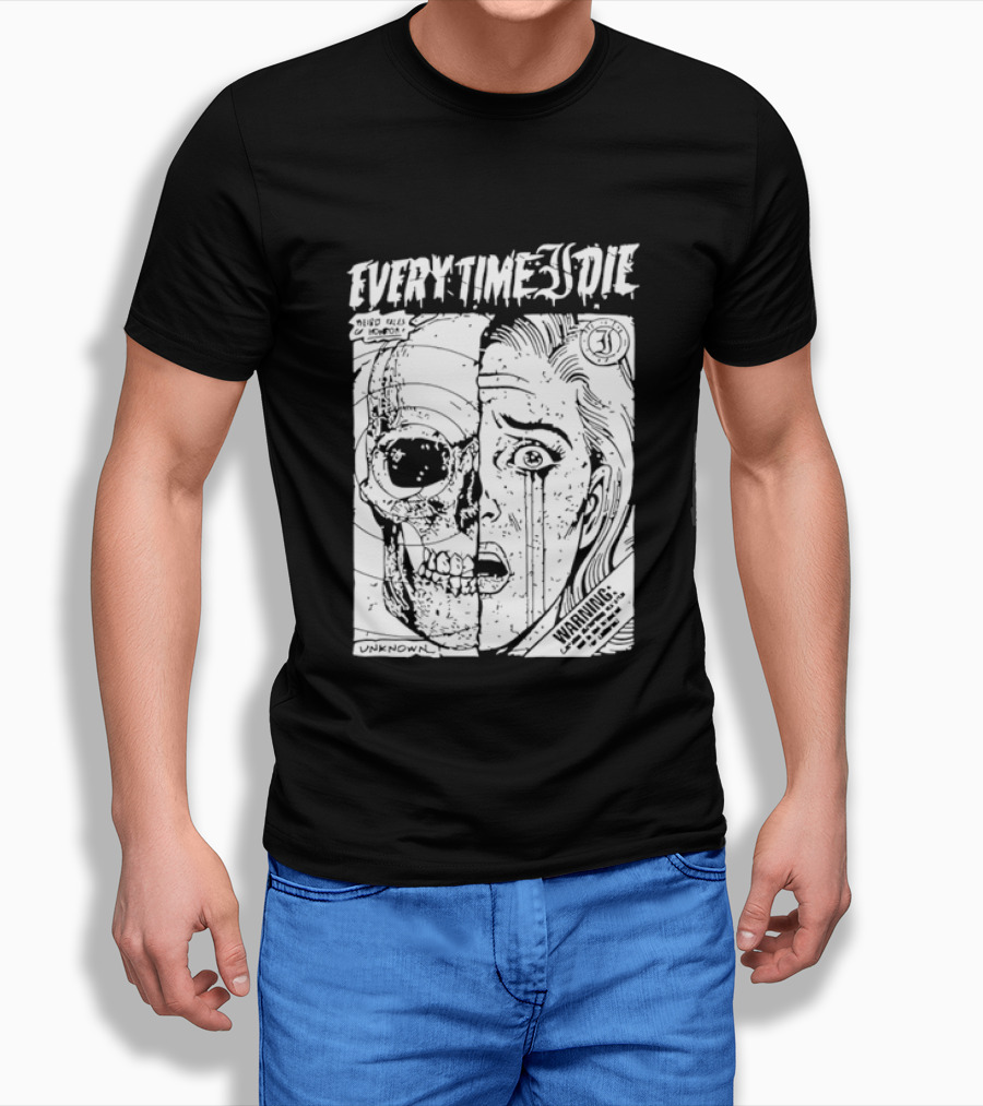 Every Time I Die Weird Tales Horror Warning Skull Face Half Human T-Shirt