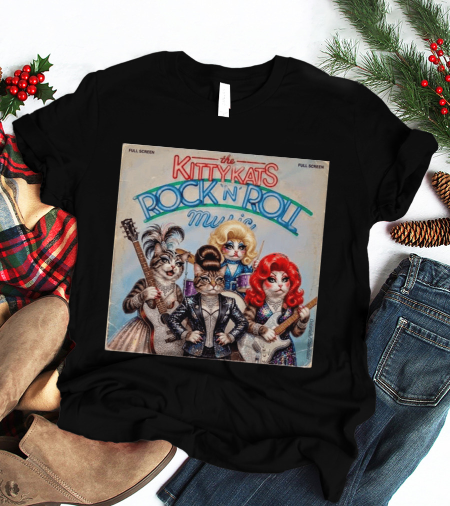The Kitty Kats Rock 'N' Roll Music Full Screen Vintage Cats With Guitars T-Shirt