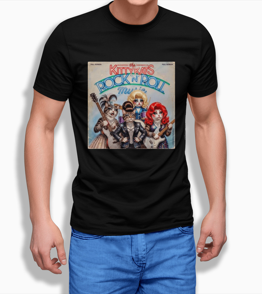 The Kitty Kats Rock 'N' Roll Music Full Screen Vintage Cats With Guitars T-Shirt
