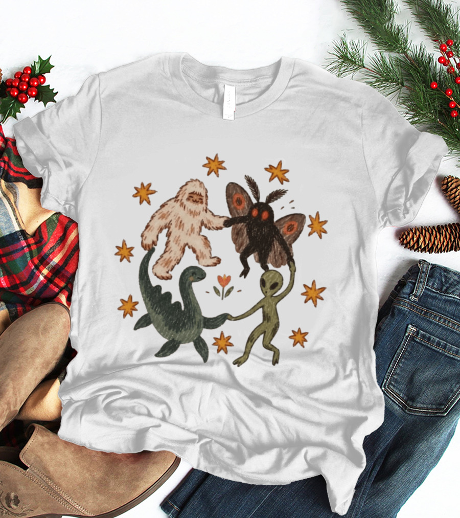 Bigfoot Mothman Loch Ness Monster Alien Dancing Cryptids With Stars T-Shirt