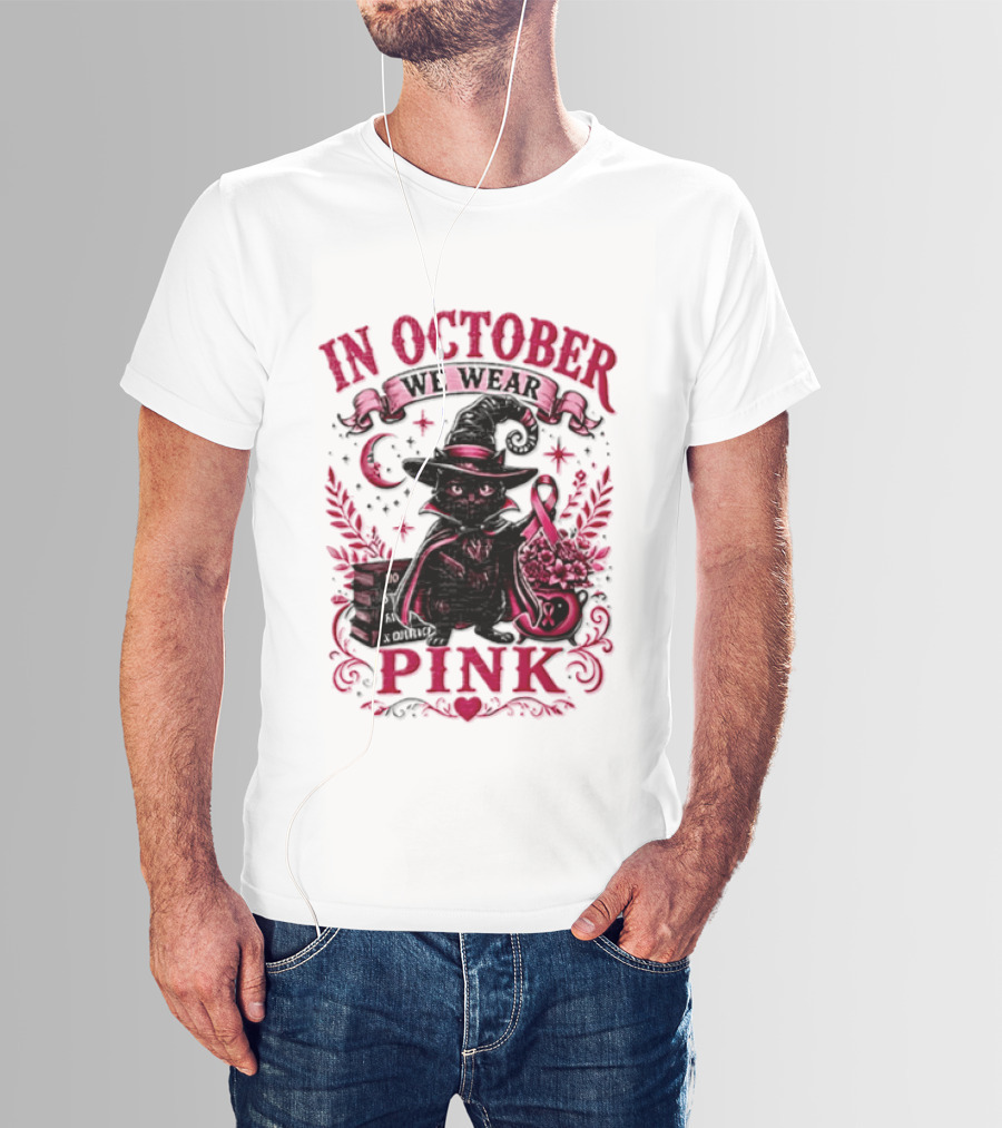 In October We Wear Pink Black Cat Witch Breast Cancer Awareness Month T-Shirt