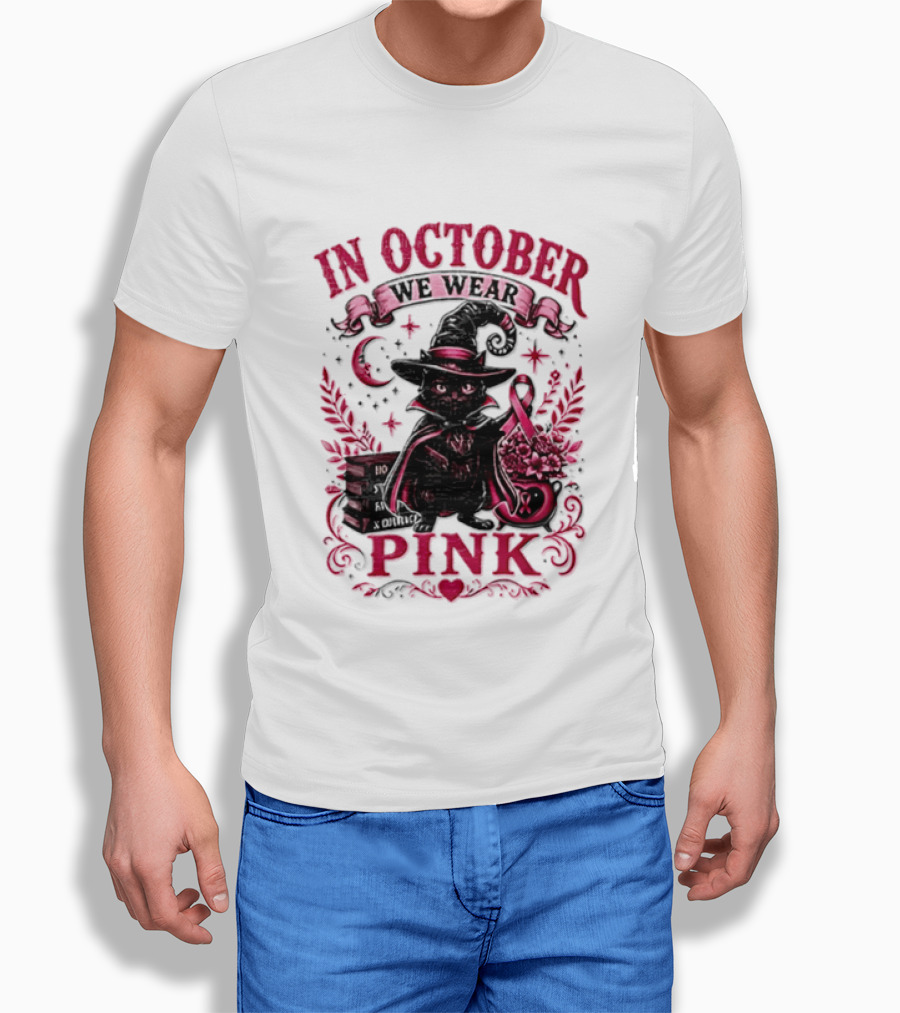 In October We Wear Pink Black Cat Witch Breast Cancer Awareness Month T-Shirt