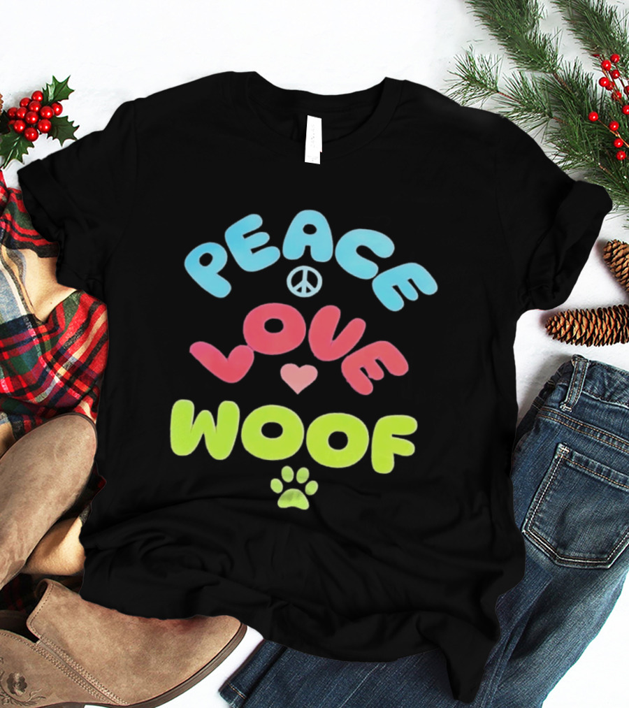 Peace Love Woof Paw Dog Lover Peace Sign Heart T-Shirt