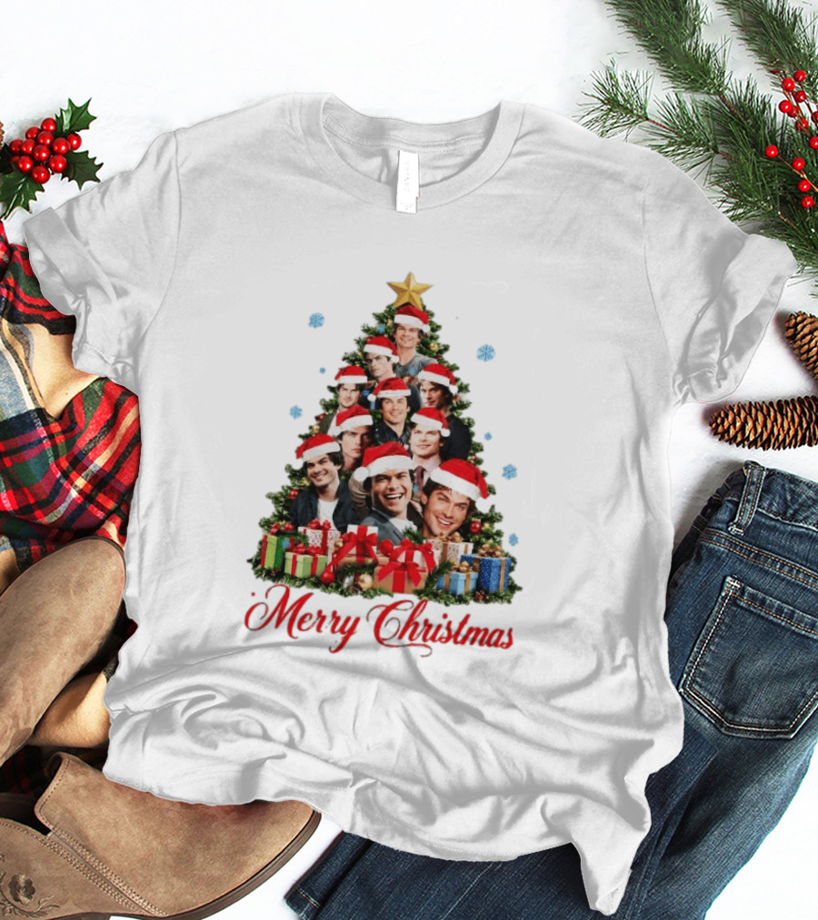 Merry Christmas All I Want For Christmas Is Damon Salvatore Santa Hat Christmas Tree T-Shirt