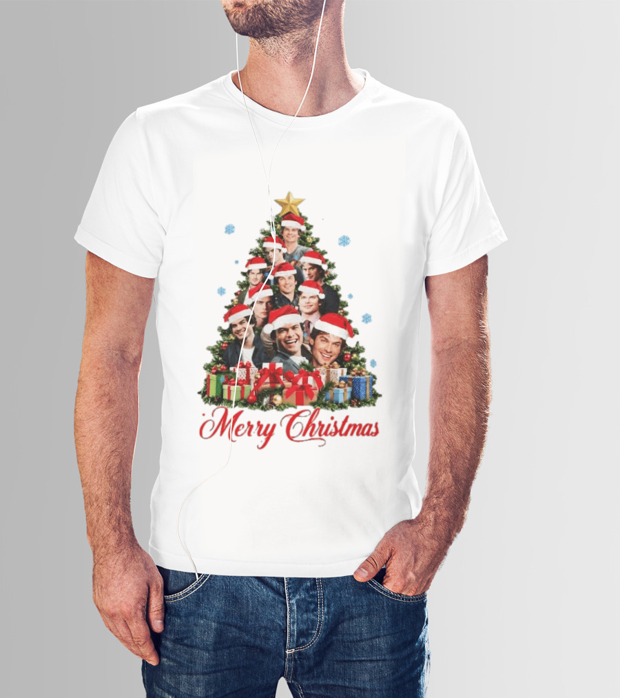 Merry Christmas All I Want For Christmas Is Damon Salvatore Santa Hat Christmas Tree T-Shirt