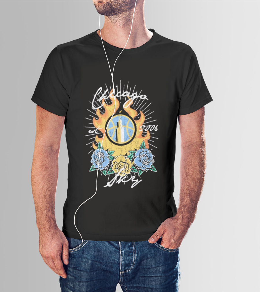Chicago Sky Est 2006 WNBA Distressed Floral Basketball Flame T-Shirt